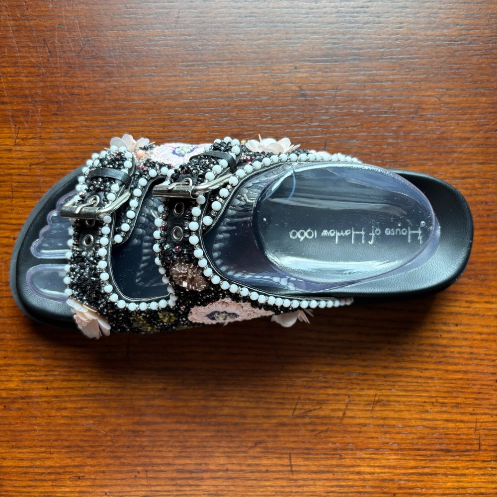 House of Harlow 1960 Women's Romantic Black Beaded Floral Buckle Slide Sandals 8 - Picture 4 of 12